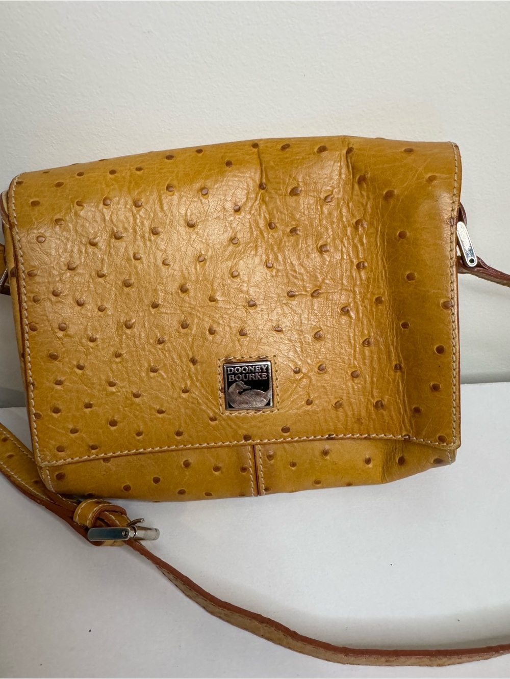 Vintage Dooney & Bourke Ostrich Embossed AWL Leather Crossbody Saddle Bag USA